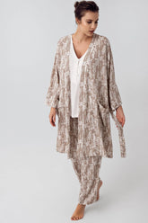 3-Pieces Maternity & Nursing Pajamas With Patterned Robe Beige - 16300