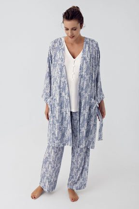 3-Pieces Maternity & Nursing Pajamas With Patterned Robe Indigo - 16300