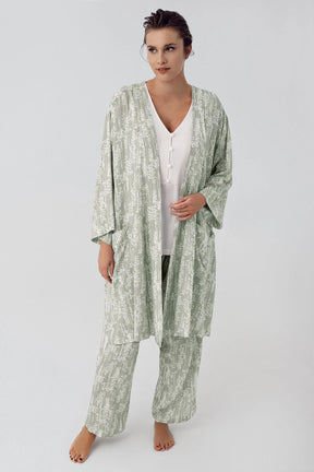 3-Pieces Maternity & Nursing Pajamas With Patterned Robe Green - 16300