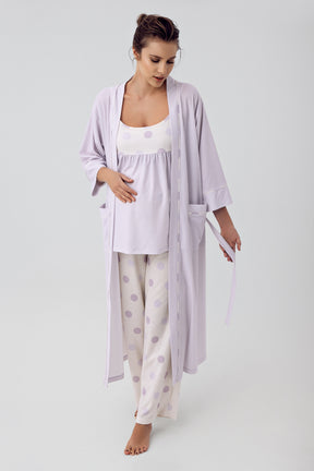 Polka Dot 3-Pieces Maternity & Nursing Pajamas With Robe Lilac - 16301