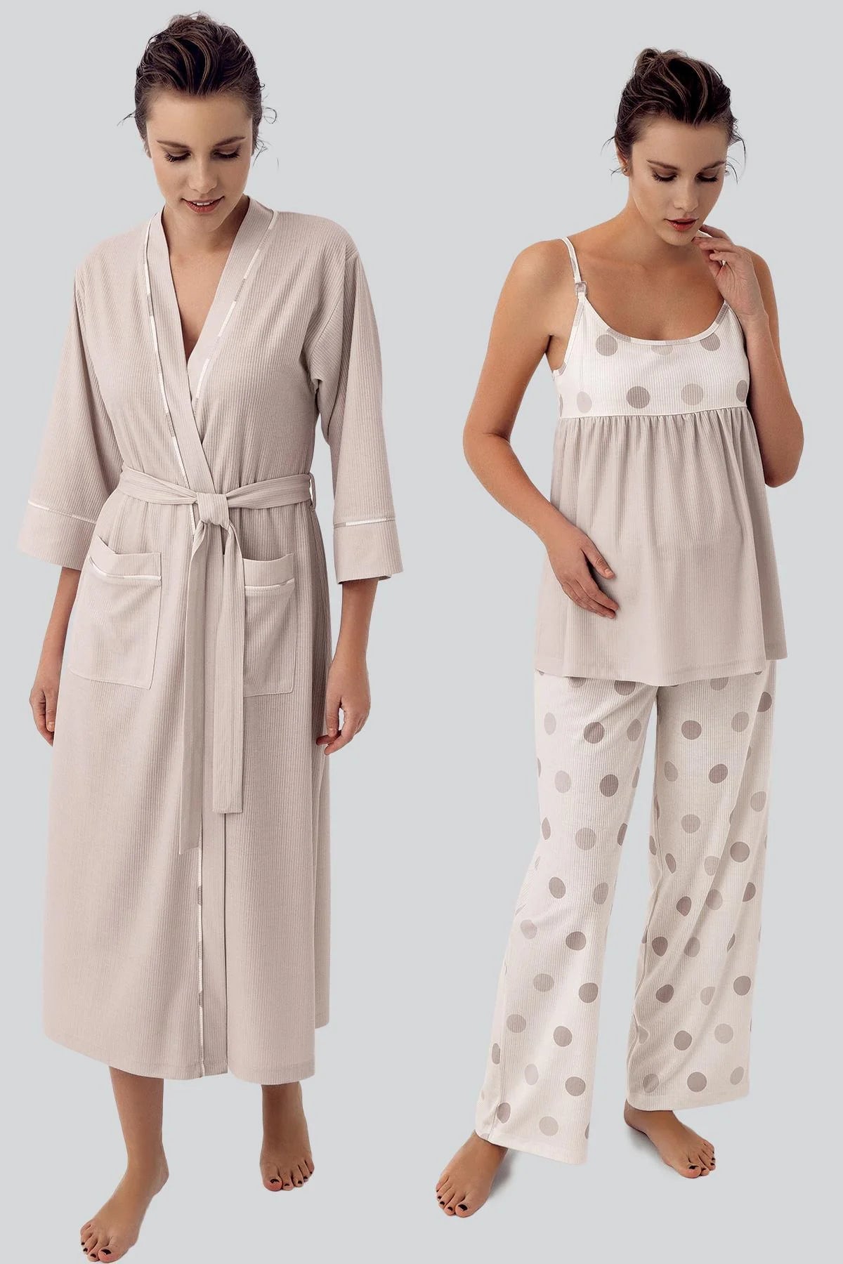 Polka Dot 3-Pieces Maternity & Nursing Pajamas With Robe Beige - 16301