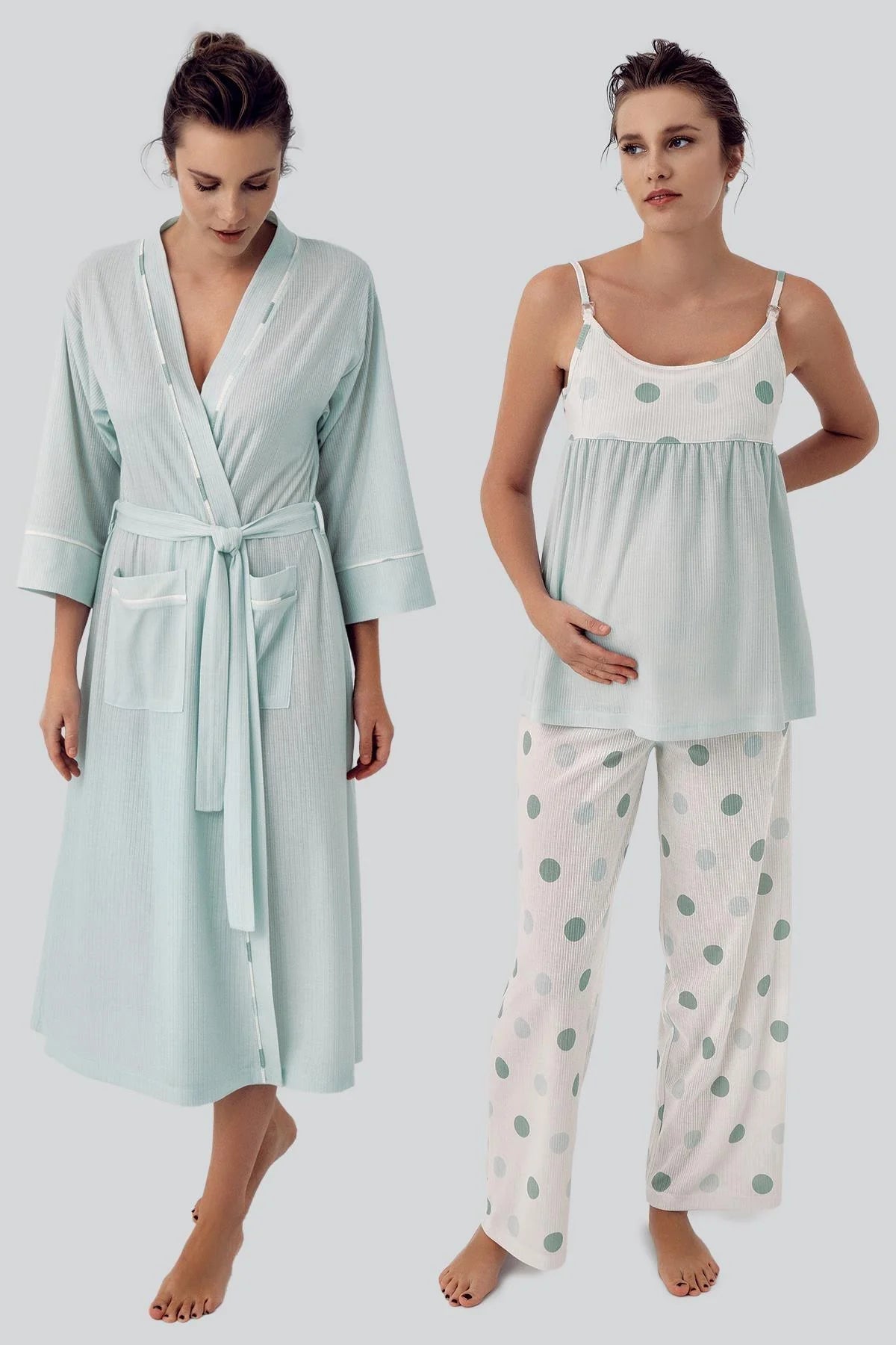 Polka Dot 3-Pieces Maternity & Nursing Pajamas With Robe Green - 16301