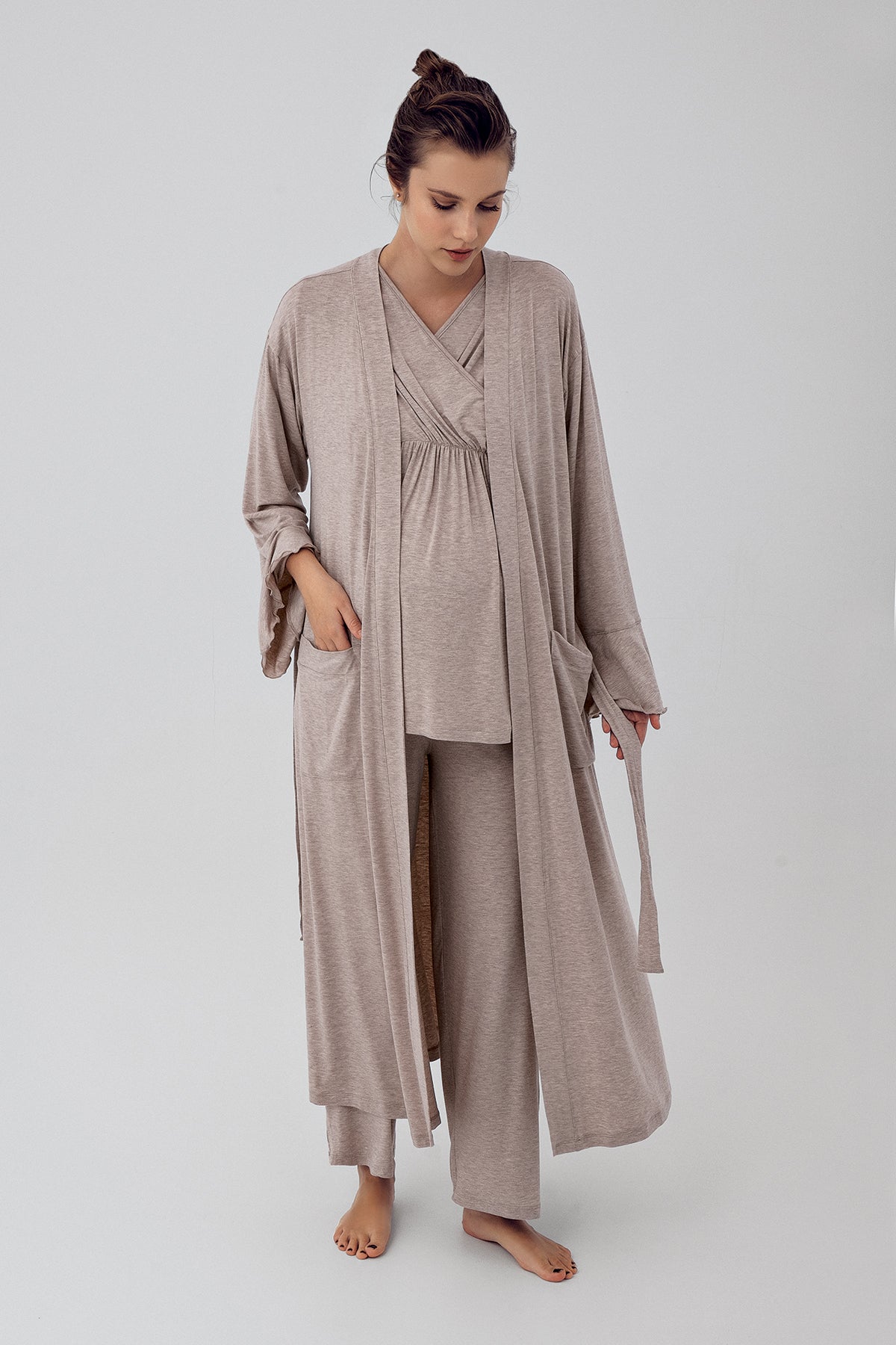 Double Breasted 3-Pieces Maternity & Nursing Pajamas With Flywheel Arm Robe Beige - 16309