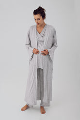 Double Breasted 3-Pieces Maternity & Nursing Pajamas With Flywheel Arm Robe Grey - 16309