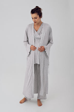 Double Breasted 3-Pieces Maternity & Nursing Pajamas With Flywheel Arm Robe Grey - 16309