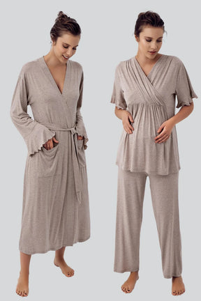 Double Breasted 3-Pieces Maternity & Nursing Pajamas With Flywheel Arm Robe Beige - 16309