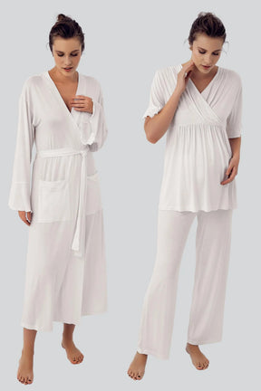 Double Breasted 3-Pieces Maternity & Nursing Pajamas With Flywheel Arm Robe Ecru - 16309