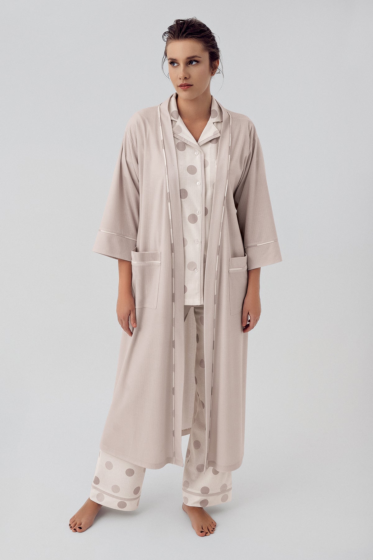Polka Dot 3-Pieces Maternity & Nursing Pajamas With Robe Beige - 16310