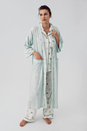 Polka Dot 3-Pieces Maternity & Nursing Pajamas With Robe Green - 16310