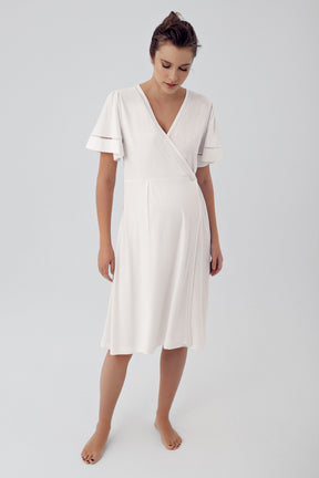 Double Breasted Maternity & Nursing Nightgown With Robe Ecru - 16400