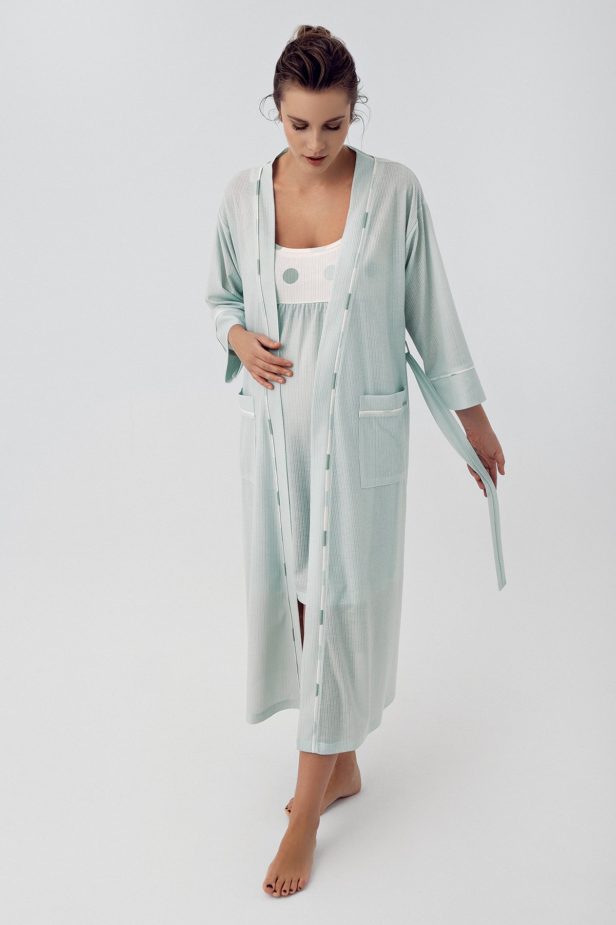 Polka Dot Maternity & Nursing Nightgown With Robe Green - 16401