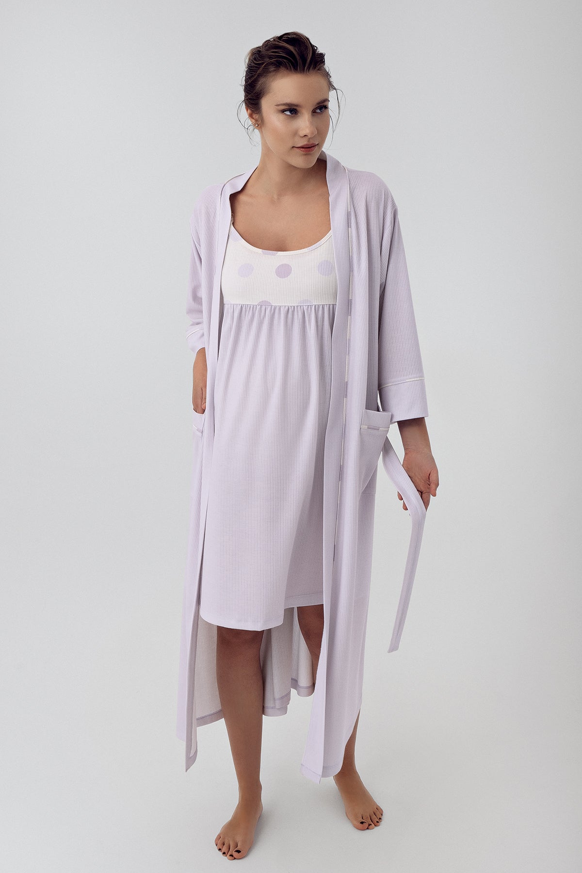 Polka Dot Maternity & Nursing Nightgown With Robe Lilac - 16401