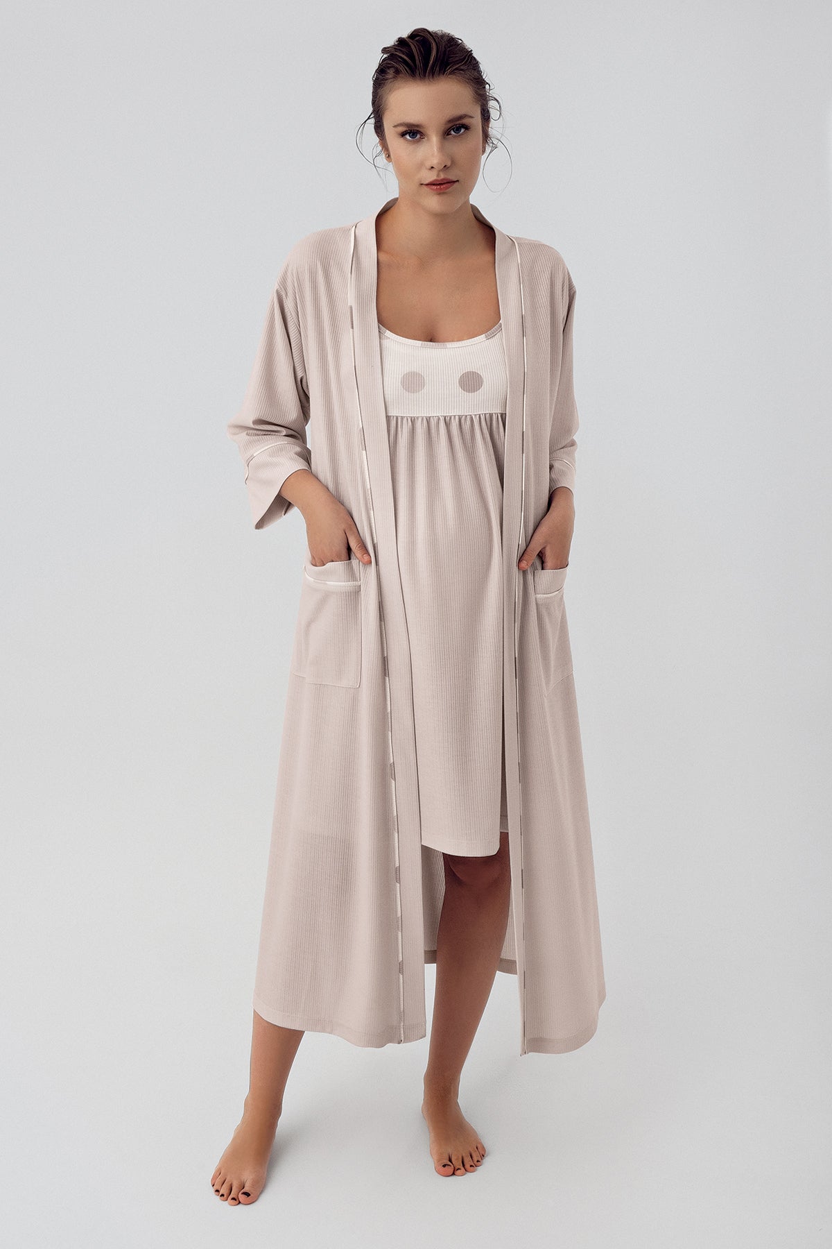 Polka Dot Maternity & Nursing Nightgown With Robe Beige - 16401