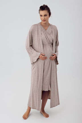 Double Breasted Maternity & Nursing Nightgown With Flywheel Arm Robe Beige - 16409