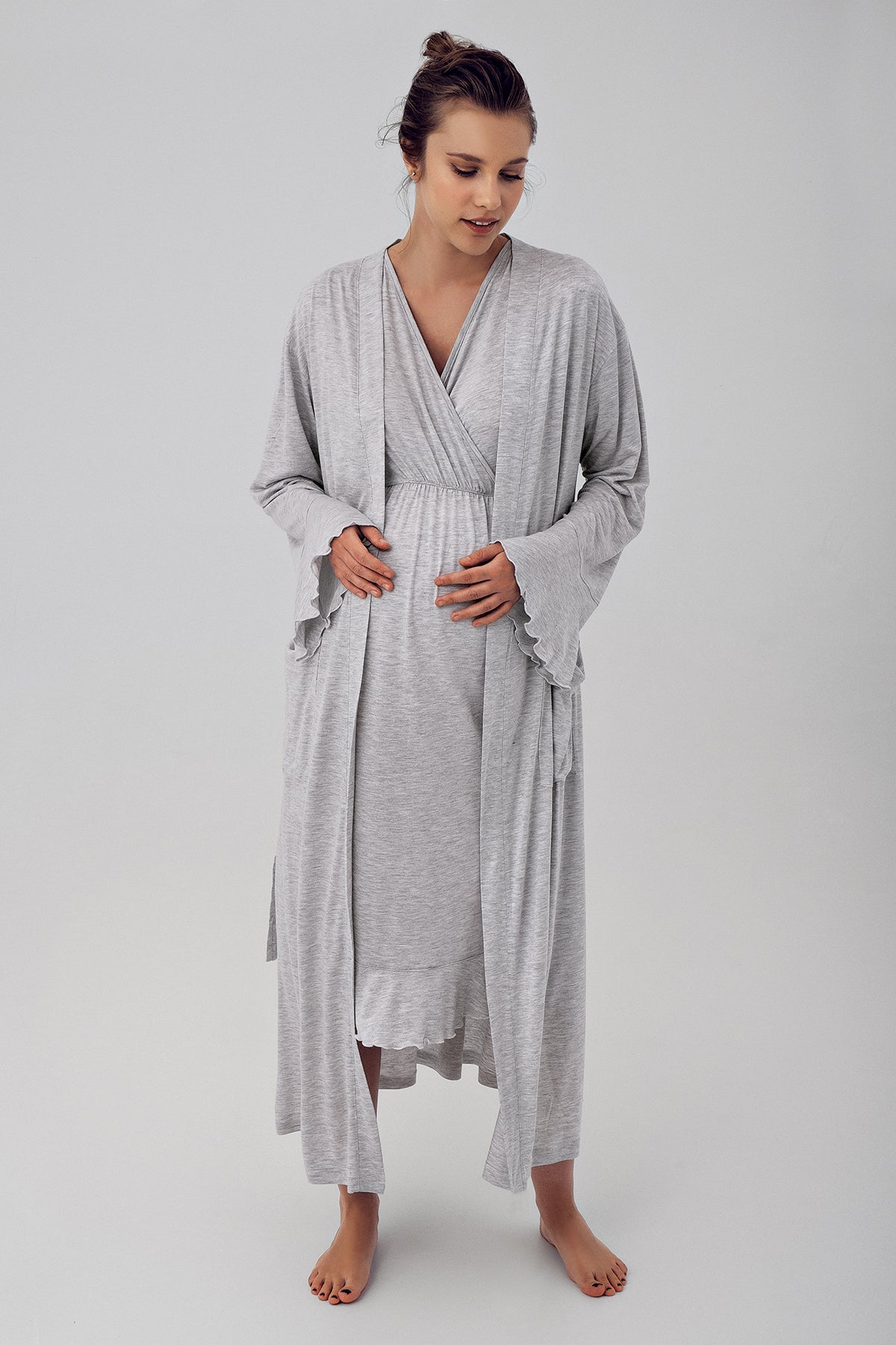 Double Breasted Maternity & Nursing Nightgown With Flywheel Arm Robe Grey - 16409