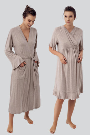 Double Breasted Maternity & Nursing Nightgown With Flywheel Arm Robe Beige - 16409