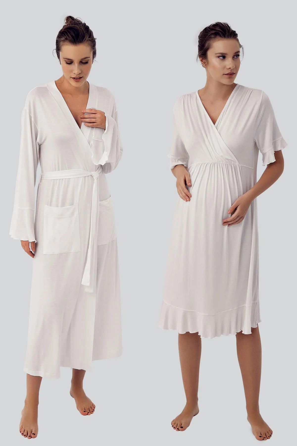 Double Breasted Maternity & Nursing Nightgown With Flywheel Arm Robe Ecru - 16409