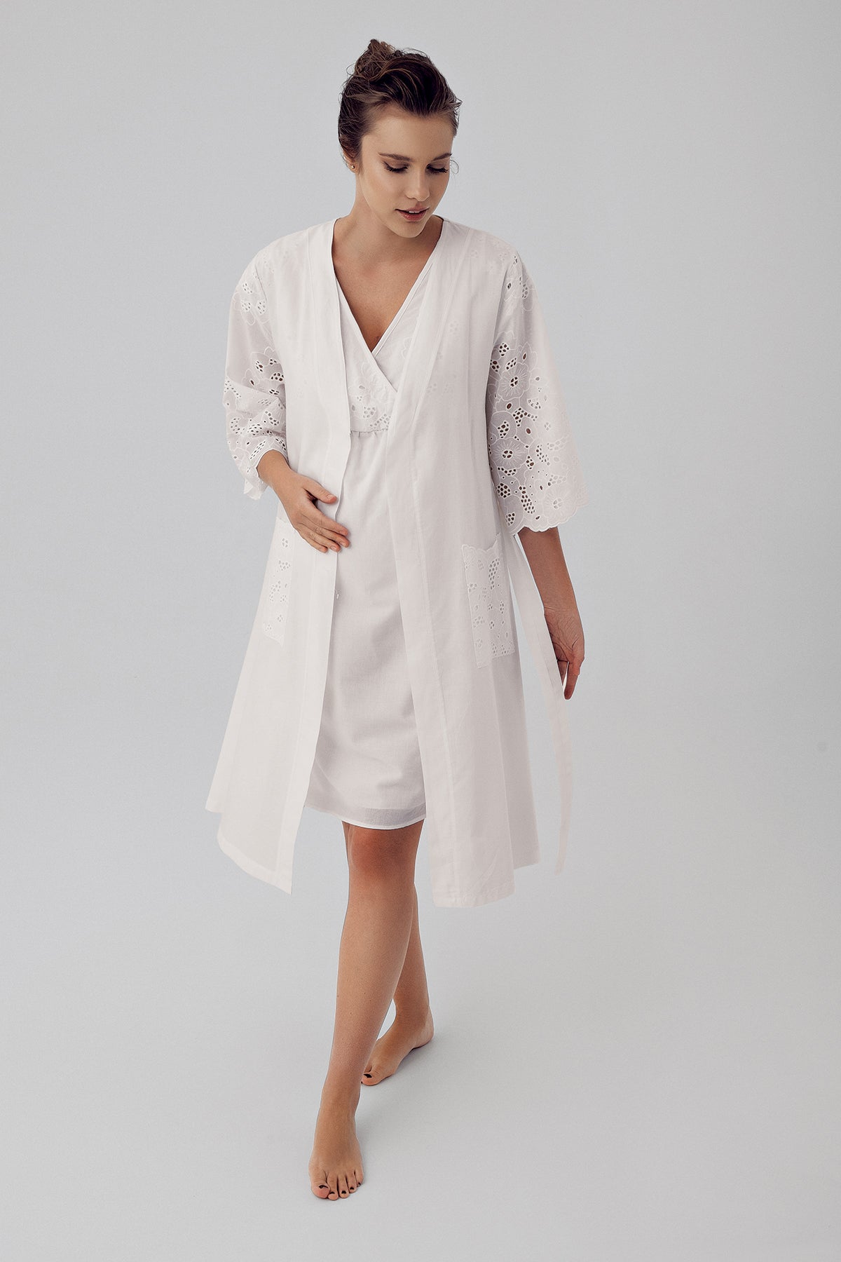Double Breasted Maternity & Nursing Nightgown With Woven Robe Ecru - 16413