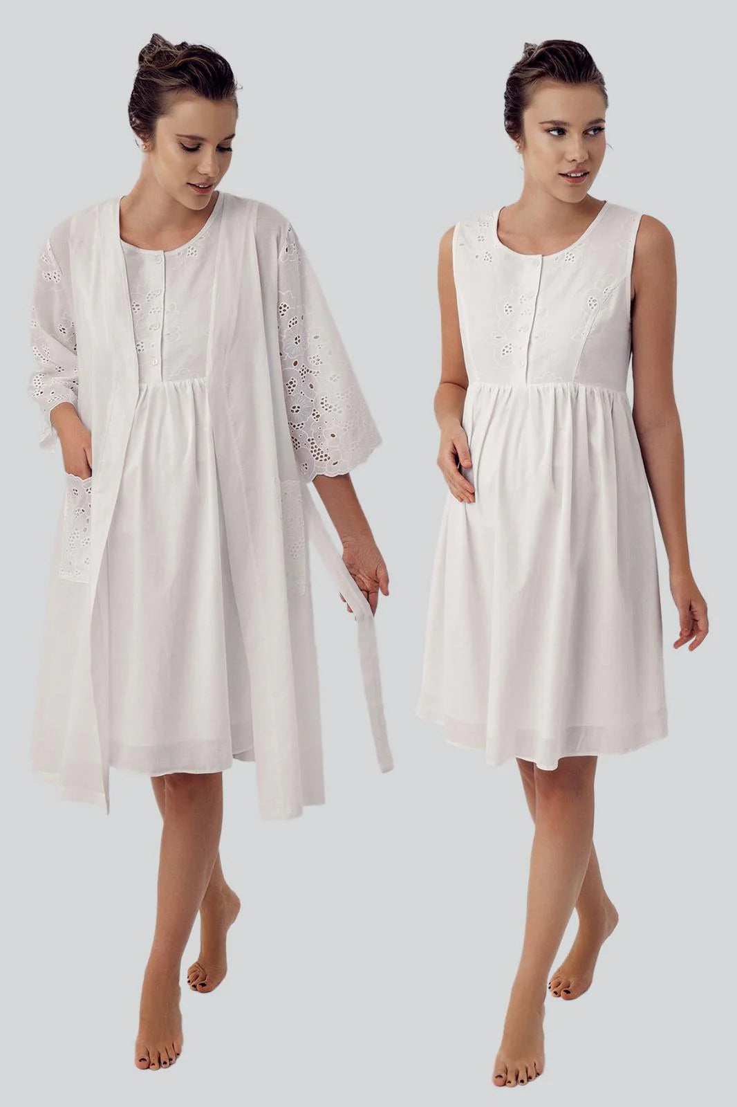 Embroidered Maternity & Nursing Nightgown With Robe Ecru - 16414