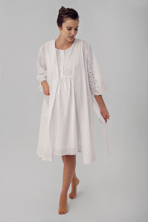 Embroidered Maternity & Nursing Nightgown With Robe Ecru - 16414