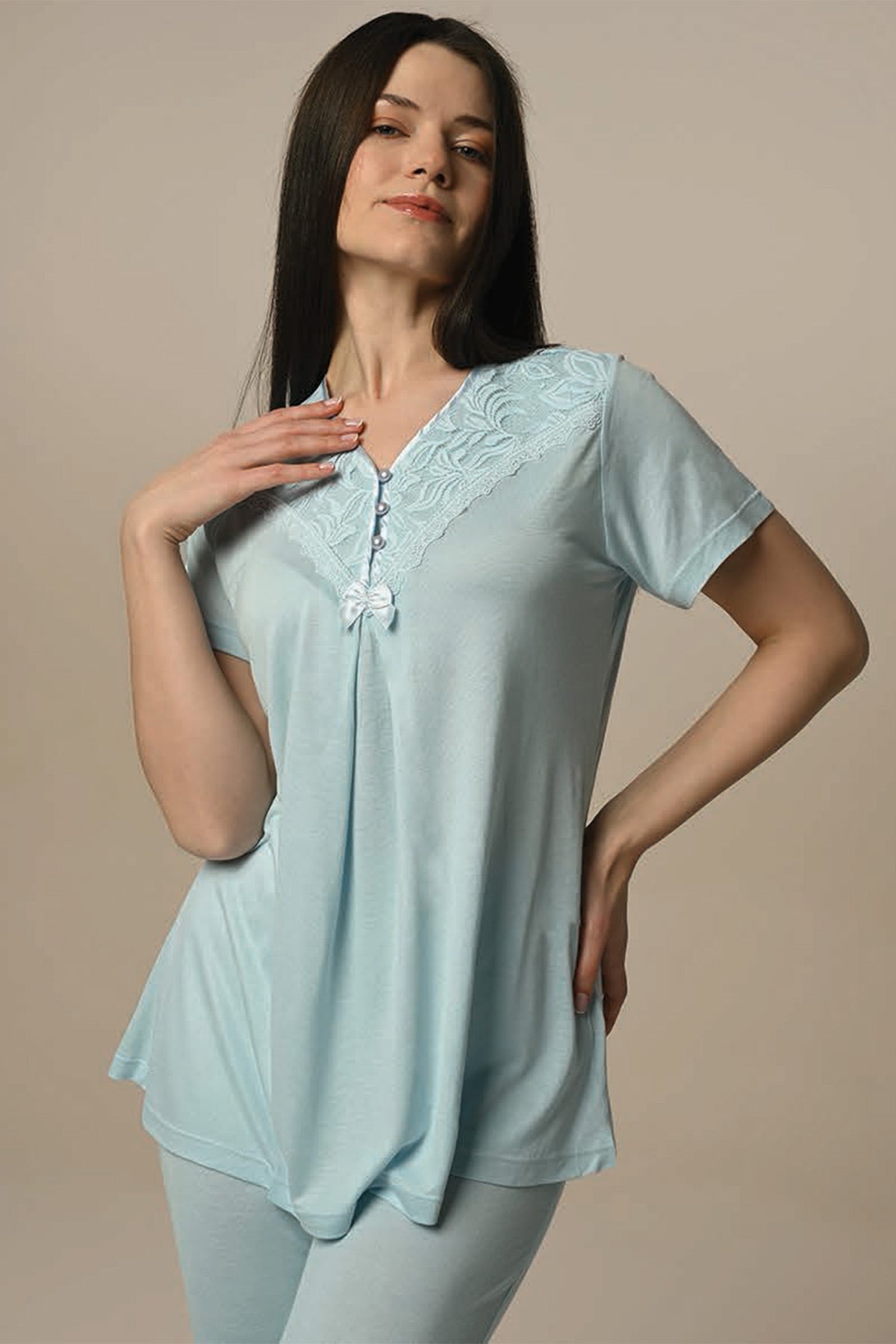 Tulle Lace Collar 3-Pieces Maternity & Nursing Pajamas With Robe Blue - 23353