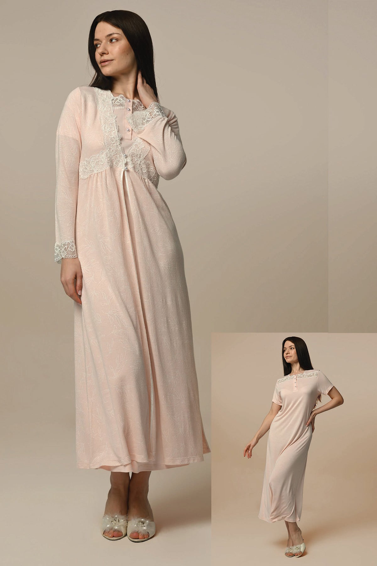 Lace Embroidered Maternity & Nursing Nightgown With Jacquard Robe Powder - 24516