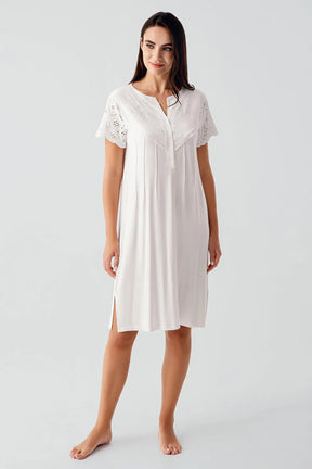 Embroidered Detailed Maternity & Nursing Nightgown Ecru - 17103