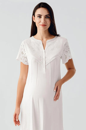 Embroidered Detailed Maternity & Nursing Nightgown Ecru - 17103