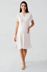 Embroidered Detailed Maternity & Nursing Nightgown Ecru - 17103