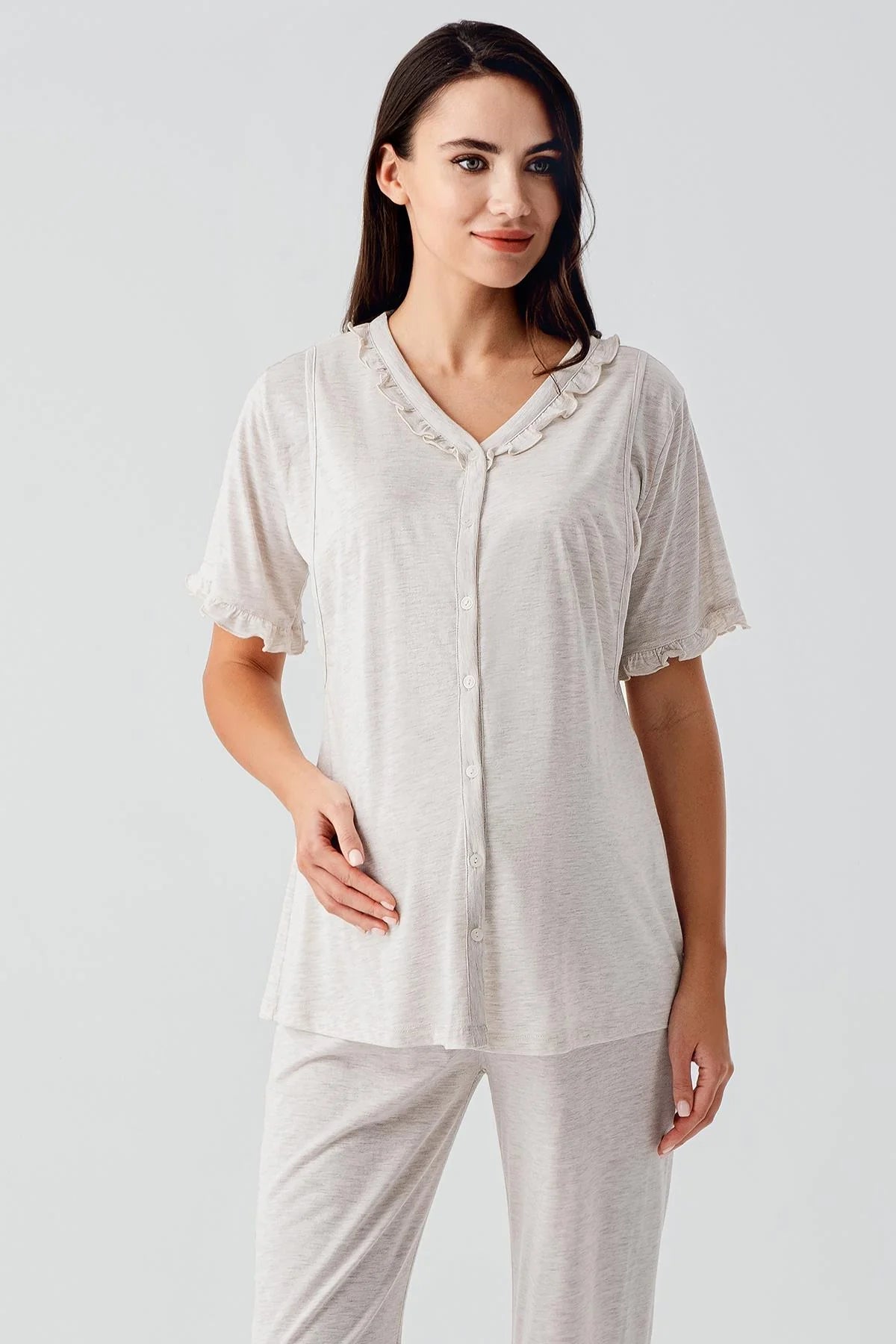 Pleated Double Breastfeeding Maternity & Nursing Pajamas Beige - 17200