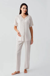 Pleated Double Breastfeeding Maternity & Nursing Pajamas Beige - 17200