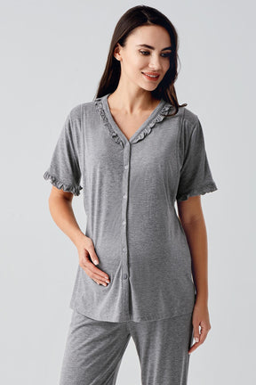 Pleated Double Breastfeeding Maternity & Nursing Pajamas Grey - 17200