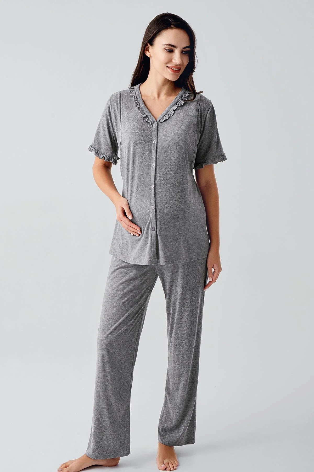 Pleated Double Breastfeeding Maternity & Nursing Pajamas Grey - 17200