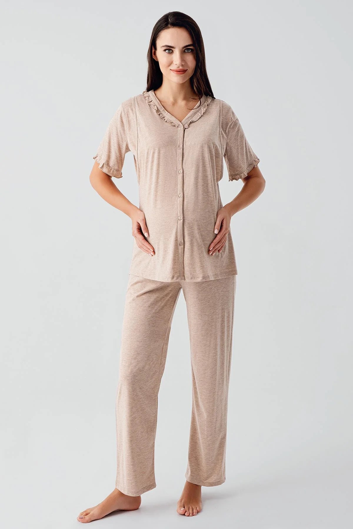 Pleated Double Breastfeeding Maternity & Nursing Pajamas Coffee - 17200