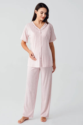 Pleated Double Breastfeeding 4-Piece Maternity-Nursing Set Pink - 400200