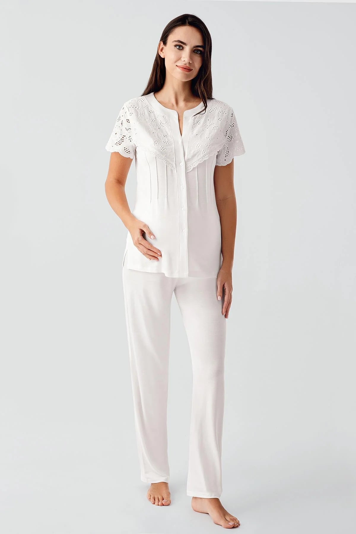 Embroidered Detailed 3-Piece Maternity-Nursing Pajama & Robe Set Ecru - 17303