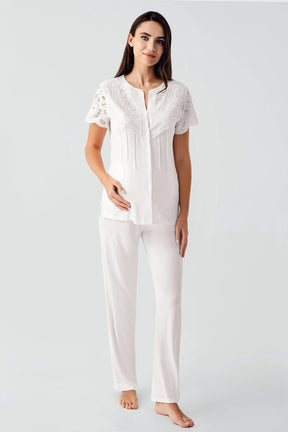 Embroidered Detailed Maternity & Nursing Pajama Set Ecru - 17203