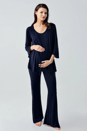 Flared-Leg Maternity & Nursing Pajama Set with Hidden Breastfeeding Panel Navy Blue - 17215