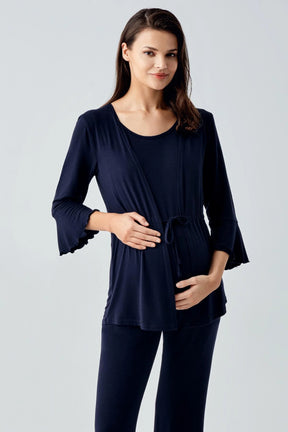 Flared-Leg Maternity & Nursing Pajama Set with Hidden Breastfeeding Panel Navy Blue - 17215