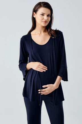 Flared-Leg Maternity & Nursing Pajama Set with Hidden Breastfeeding Panel Navy Blue - 17215