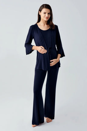 Flared-Leg Maternity & Nursing Pajama Set with Hidden Breastfeeding Panel Navy Blue - 17215