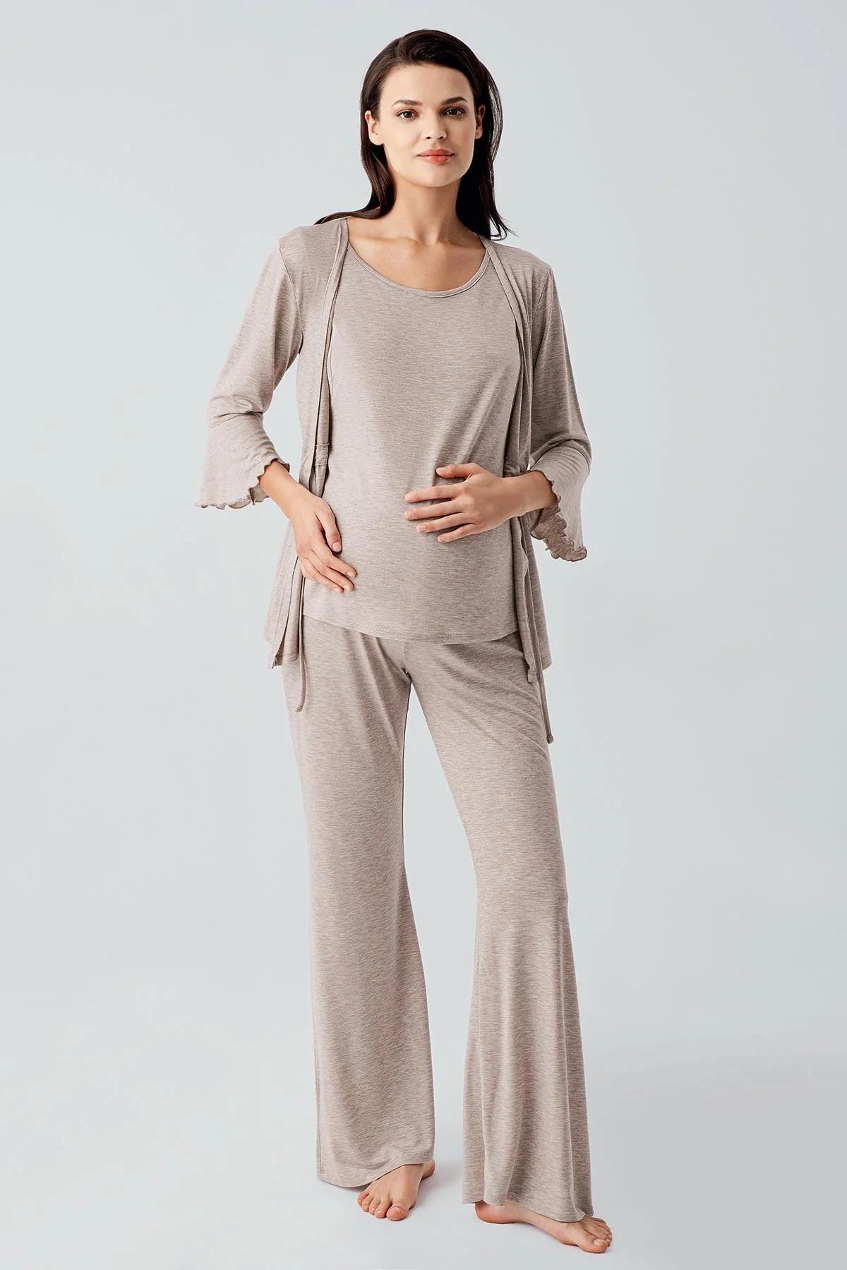 Flared-Leg Maternity & Nursing Pajama Set with Hidden Breastfeeding Panel Beige - 17215