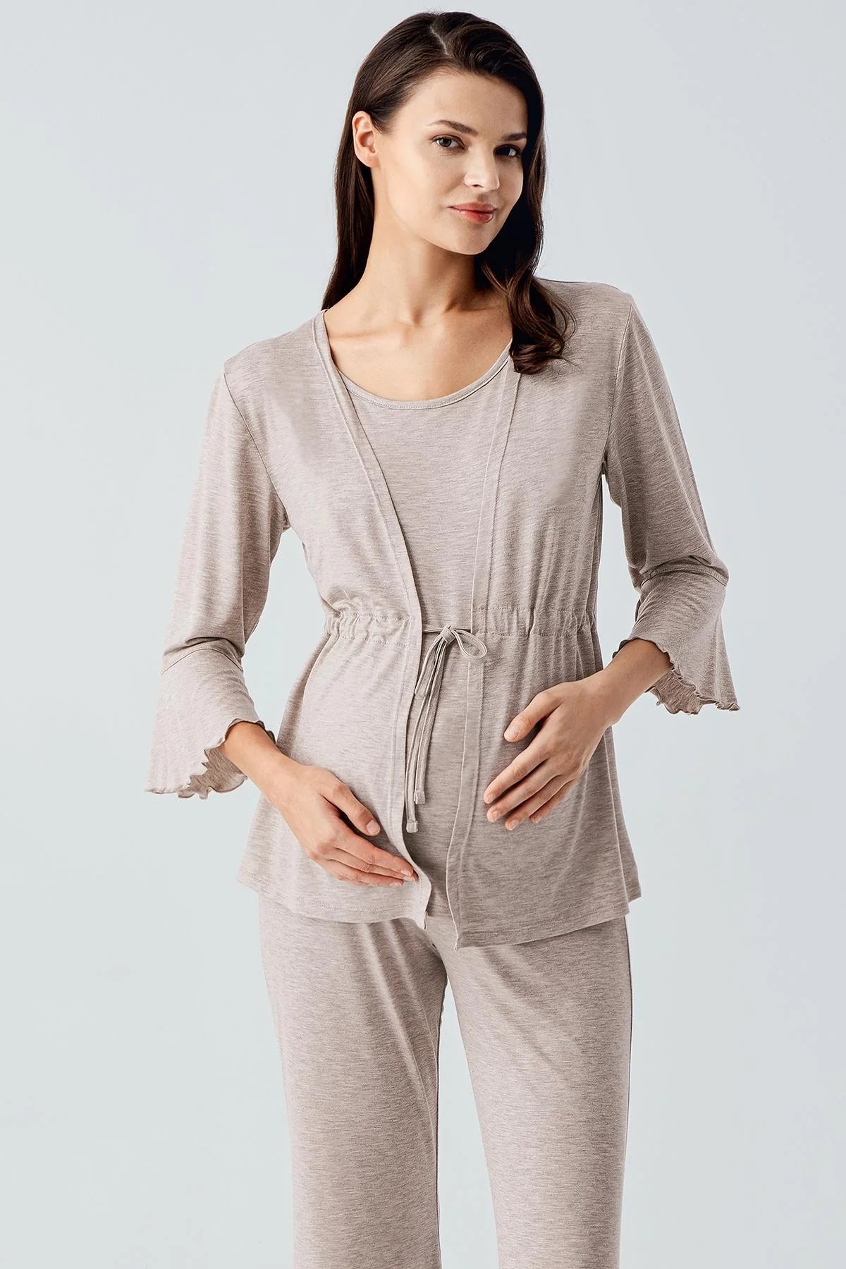 Flared-Leg Maternity & Nursing Pajama Set with Hidden Breastfeeding Panel Beige - 17215