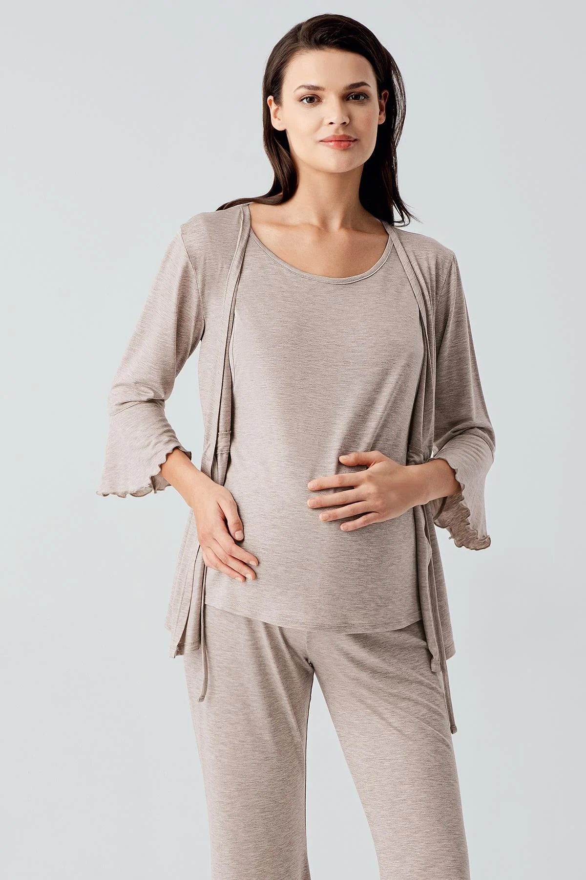 Flared-Leg Maternity & Nursing Pajama Set with Hidden Breastfeeding Panel Beige - 17215