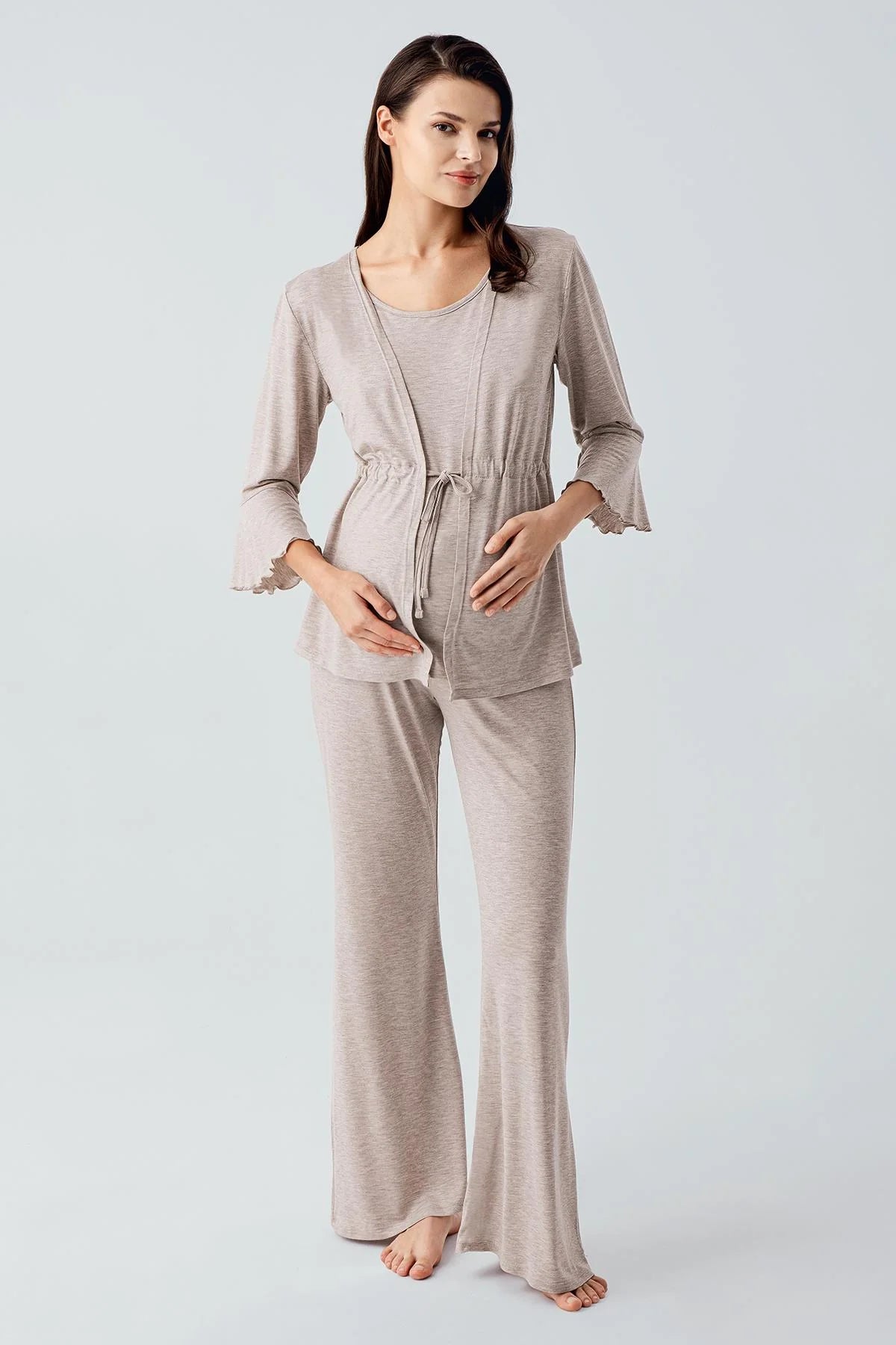 Flared-Leg Maternity & Nursing Pajama Set with Hidden Breastfeeding Panel Beige - 17215