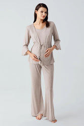 Flared-Leg Maternity & Nursing Pajama Set with Hidden Breastfeeding Panel Beige - 17215