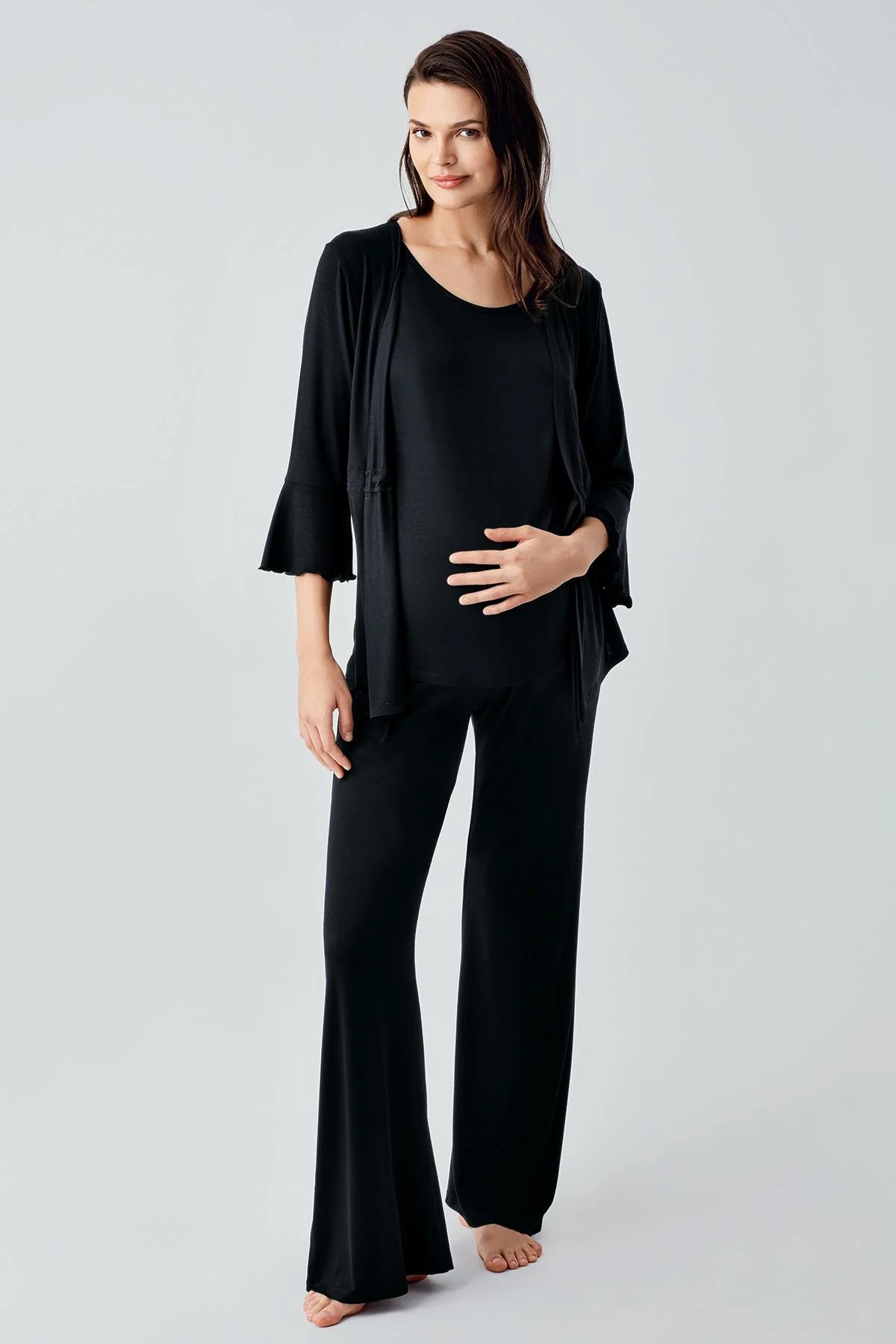 Flared-Leg Maternity & Nursing Pajama Set with Hidden Breastfeeding Panel Black - 17215