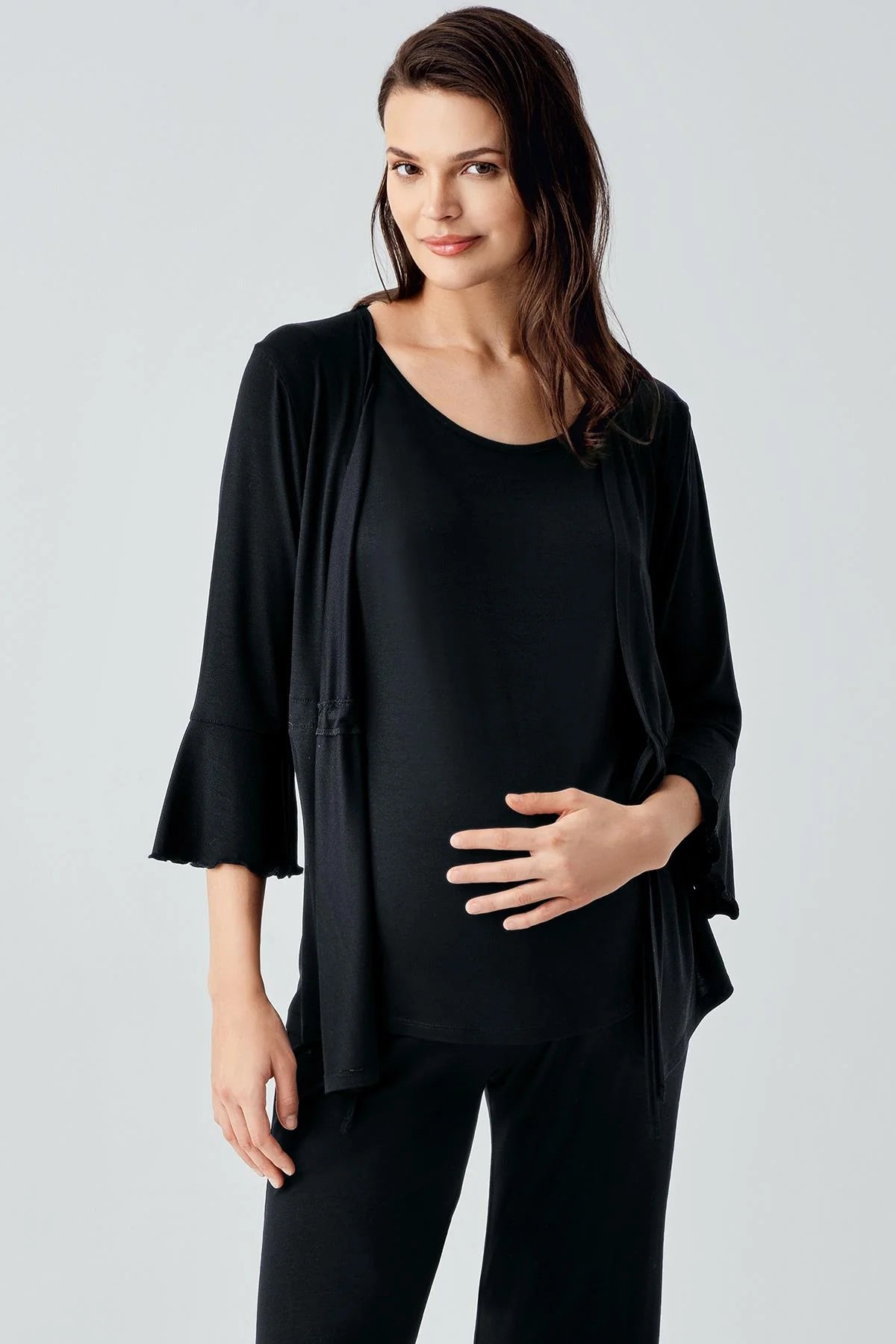 Flared-Leg Maternity & Nursing Pajama Set with Hidden Breastfeeding Panel Black - 17215