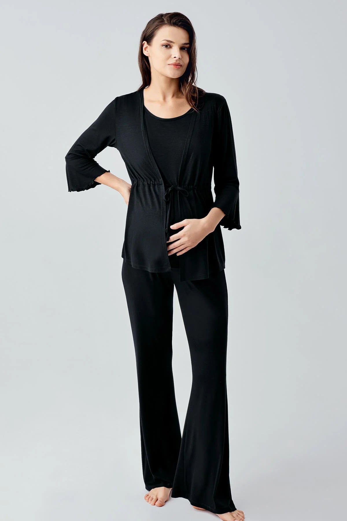 Flared-Leg Maternity & Nursing Pajama Set with Hidden Breastfeeding Panel Black - 17215