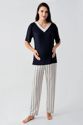 Striped Hidden Breastfeeding Panel 3-Piece Maternity-Nursing Pajama & Robe Set Navy Blue - 17302